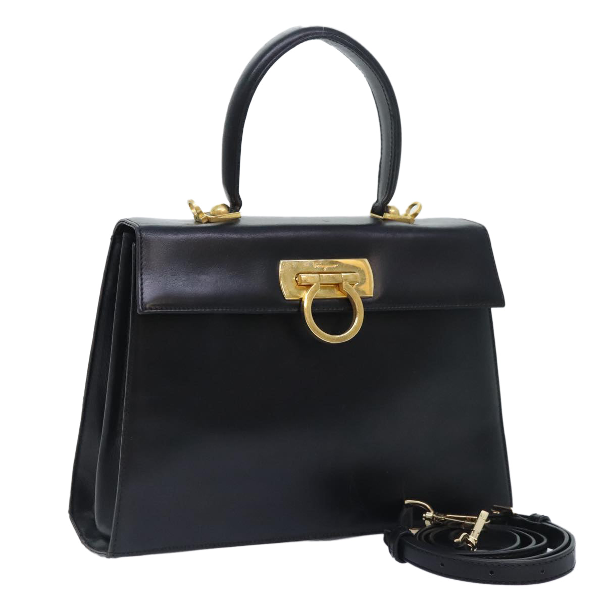 Salvatore Ferragamo Gancini Hand Bag Leather 2way Black Auth 89806