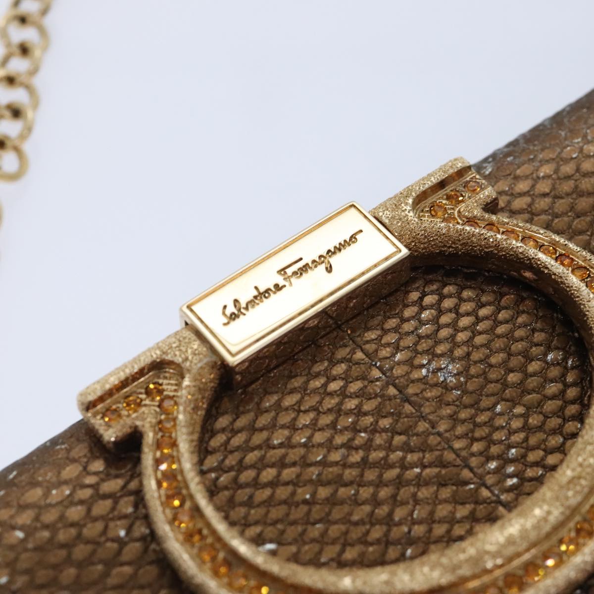 Salvatore Ferragamo Gancini Chain Shoulder Bag Leather Brown Auth 89807