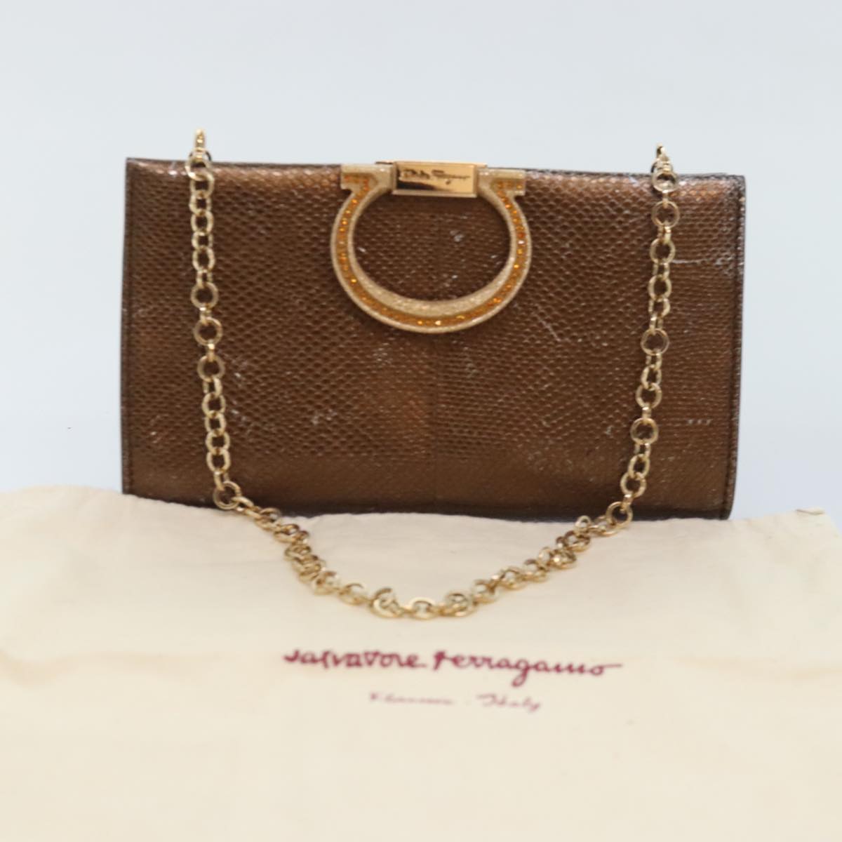 Salvatore Ferragamo Gancini Chain Shoulder Bag Leather Brown Auth 89807