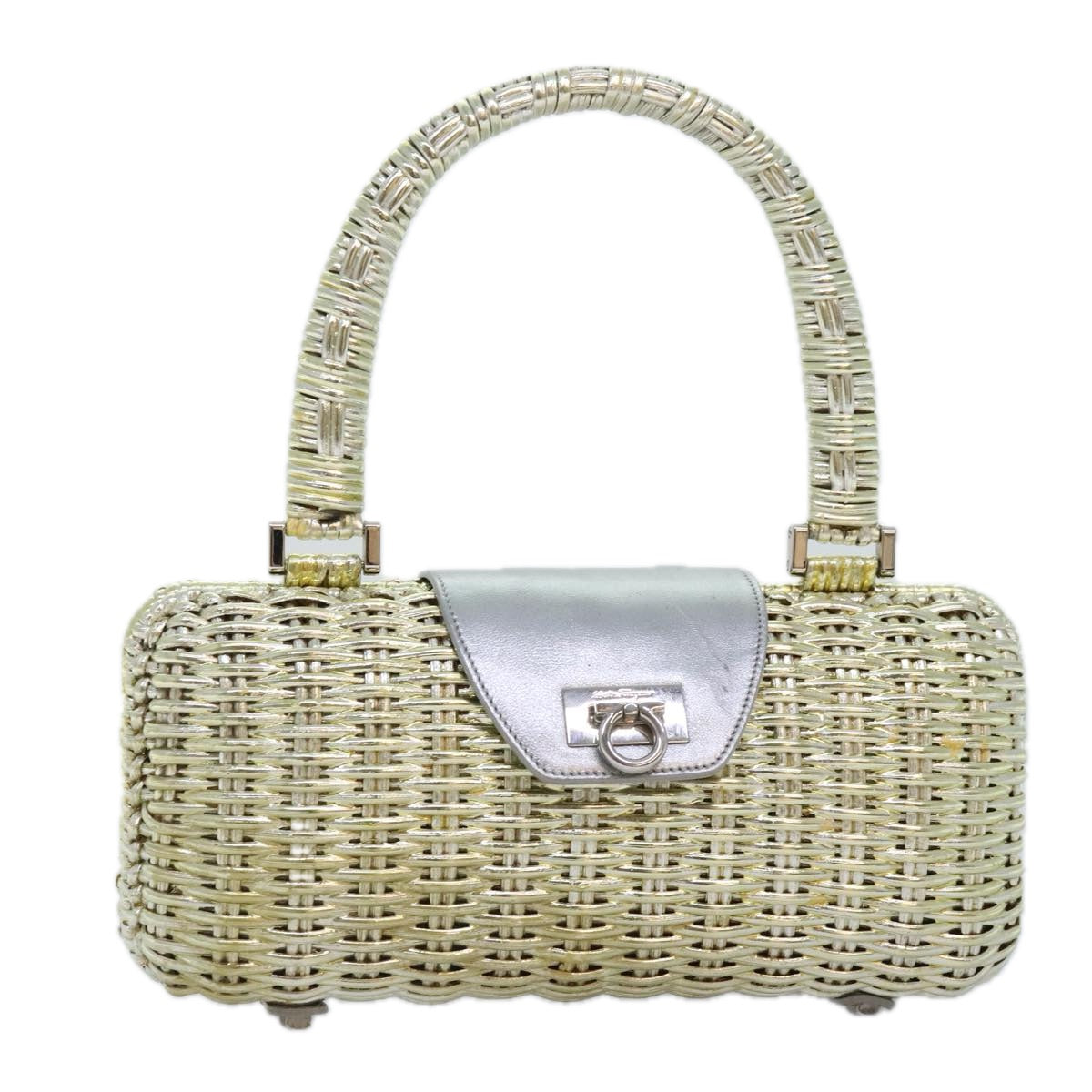 Salvatore Ferragamo Gancini Hand Bag Wicker Silver Gold Auth 89809A