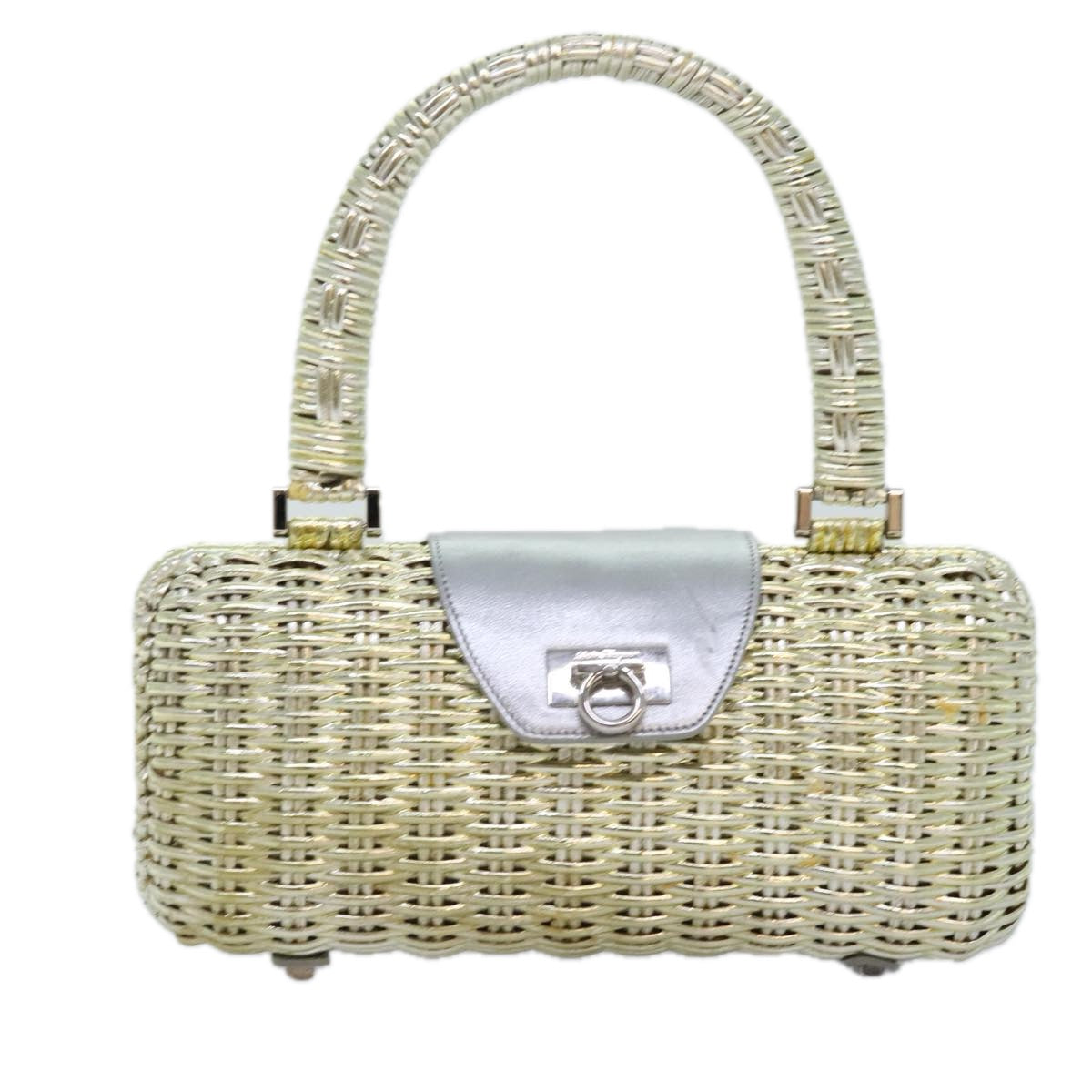 Salvatore Ferragamo Gancini Hand Bag Wicker Silver Gold Auth 89809A