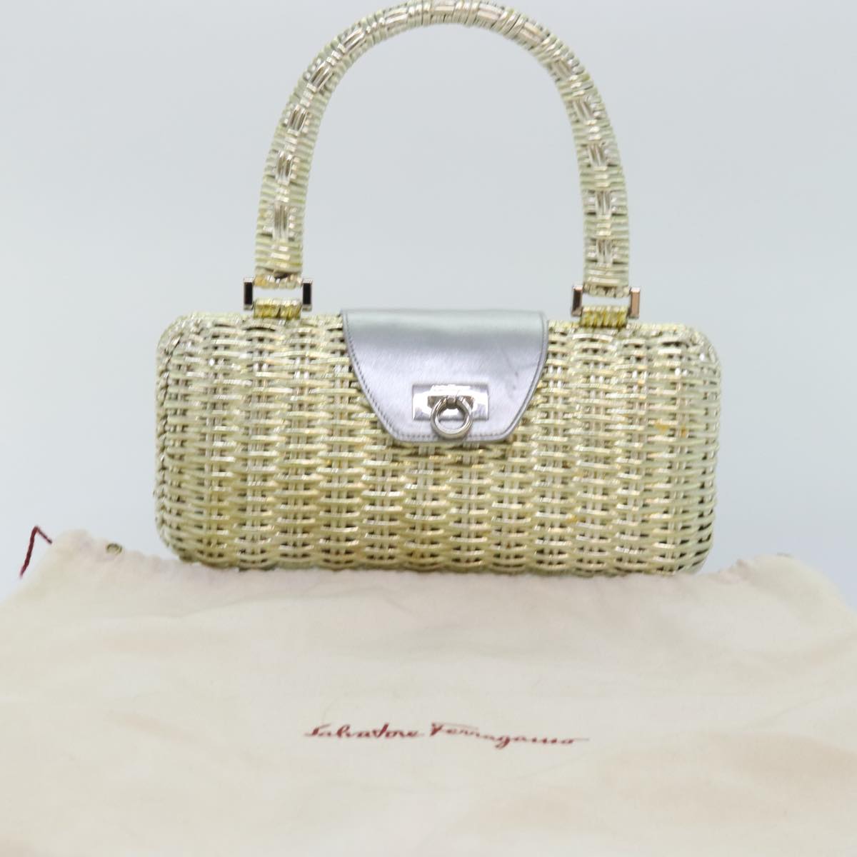 Salvatore Ferragamo Gancini Hand Bag Wicker Silver Gold Auth 89809A