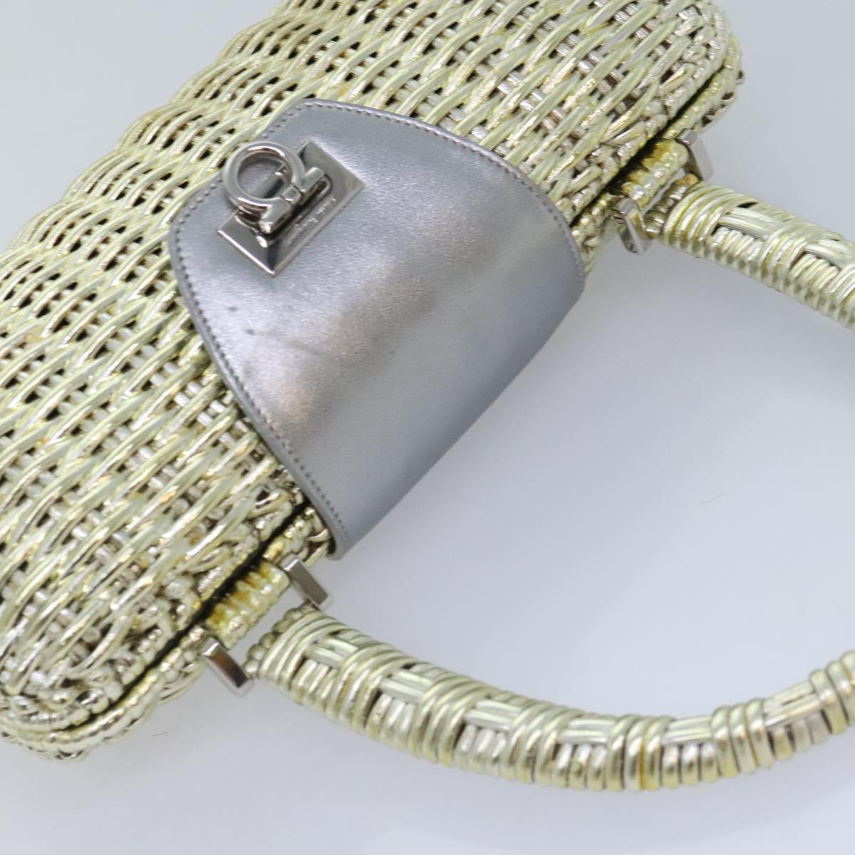 Salvatore Ferragamo Gancini Hand Bag Wicker Silver Gold Auth 89809A