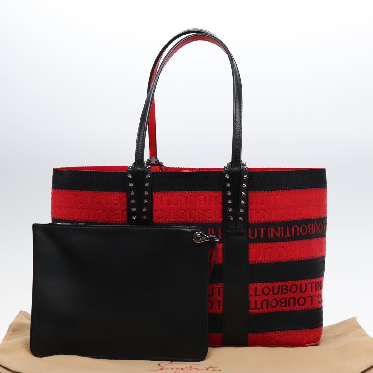 Christian Louboutin Logo Embossed Cabata Small Bag Canvas Black Red Auth 89816A