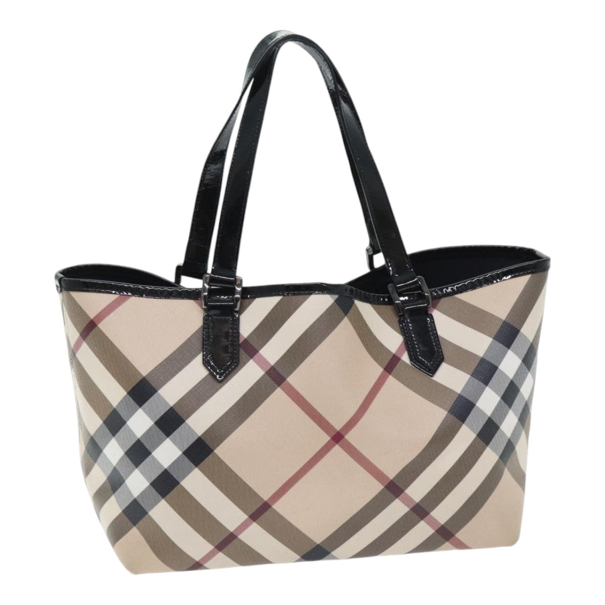 BURBERRY Nova Check Hand Bag PVC Beige Black Auth 89822