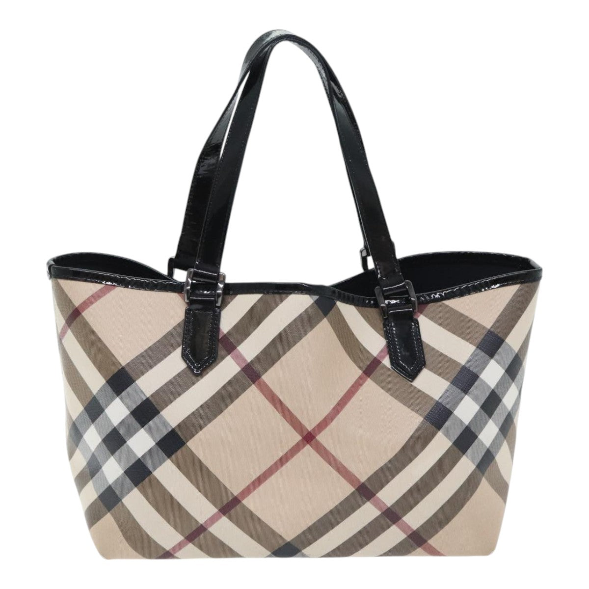 BURBERRY Nova Check Hand Bag PVC Beige Black Auth 89822