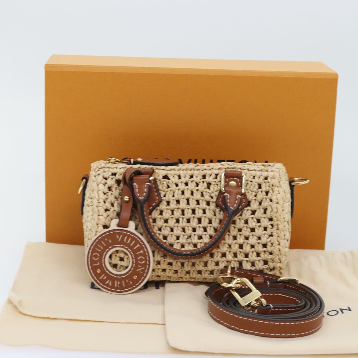 LOUIS VUITTON Nano Speedy Hand Bag Raffia Leather Beige M83525 LV Auth 89904S