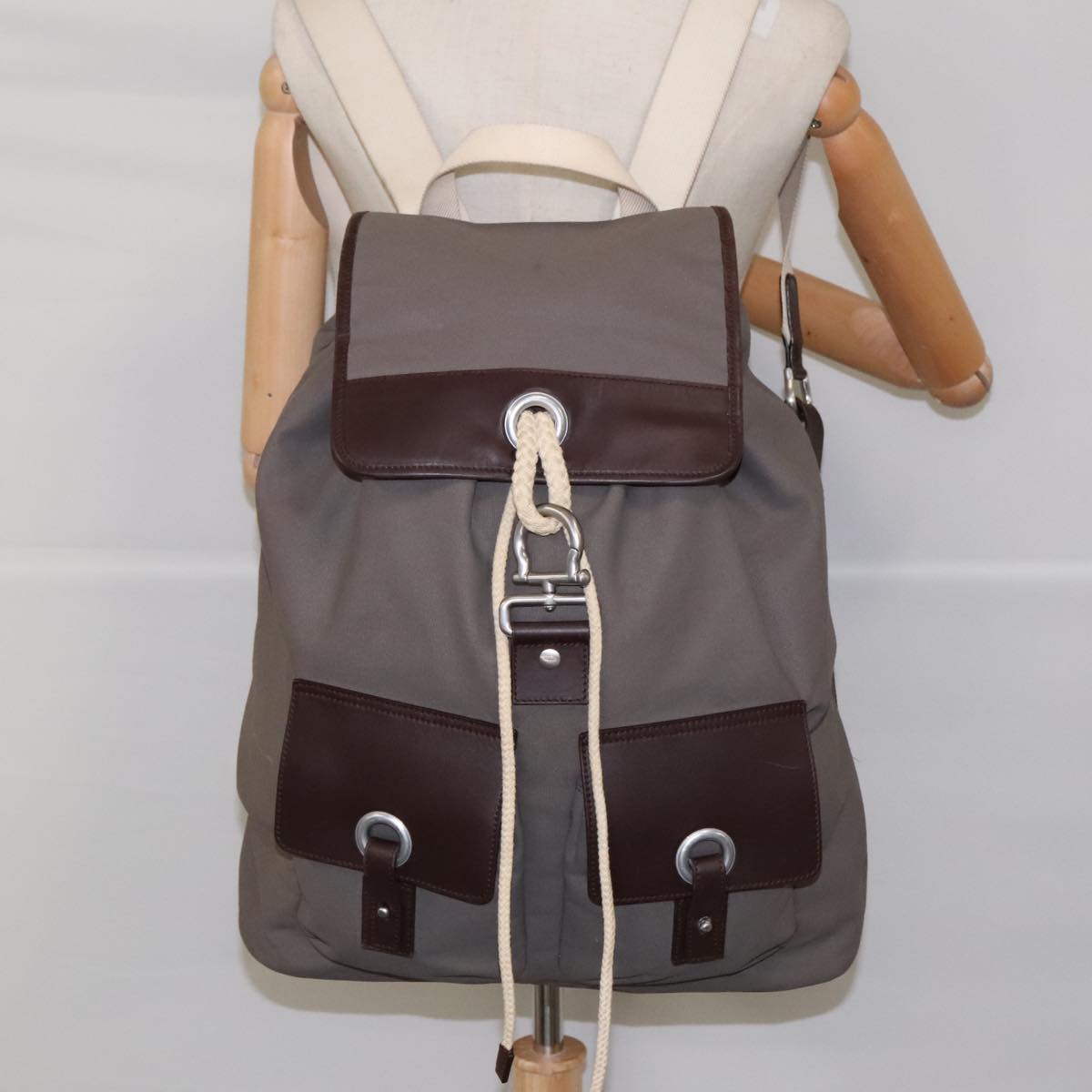 Salvatore Ferragamo Backpack Canvas Brown Silver Auth 90047