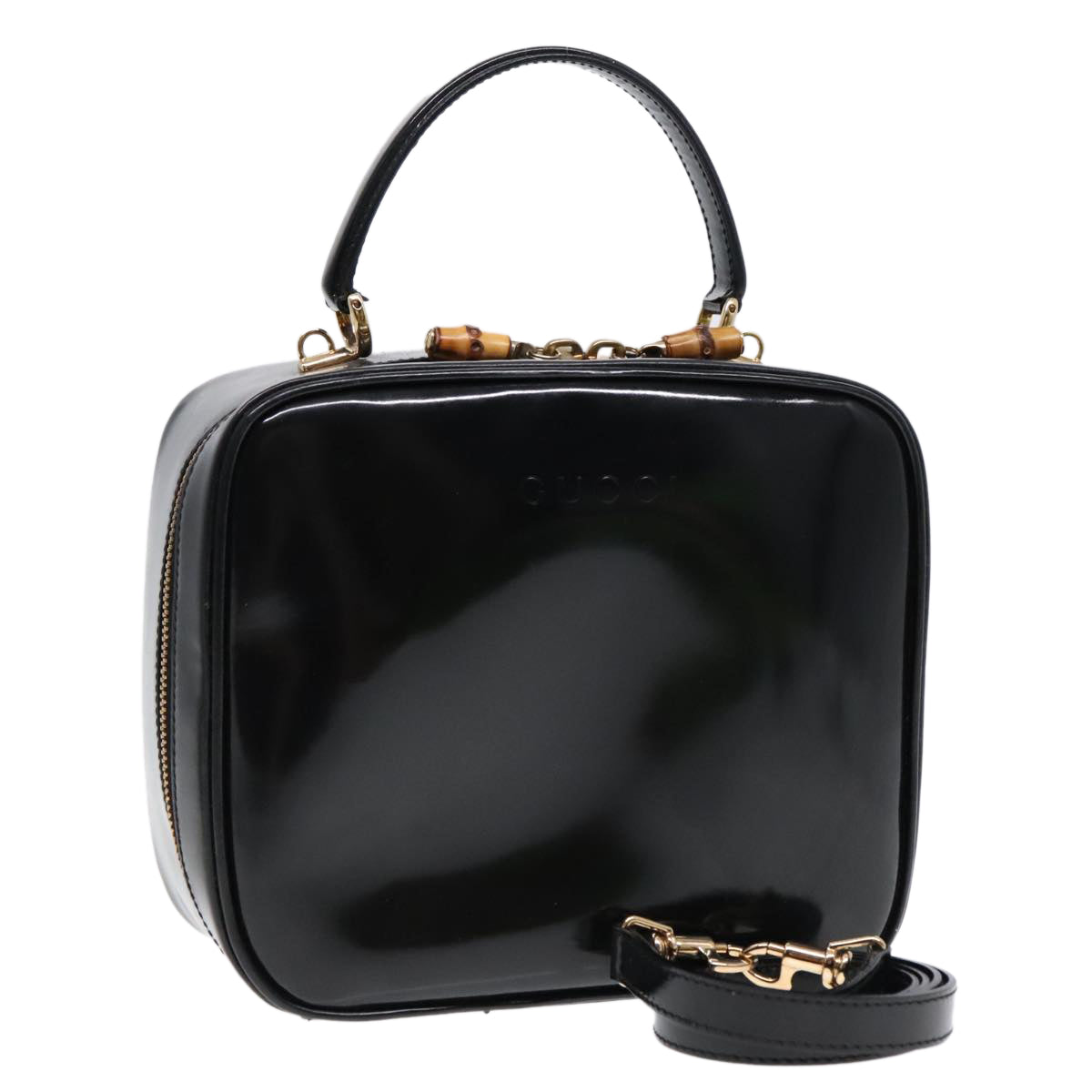 GUCCI Hand Bag Leather 2way Black Gold Auth 90184