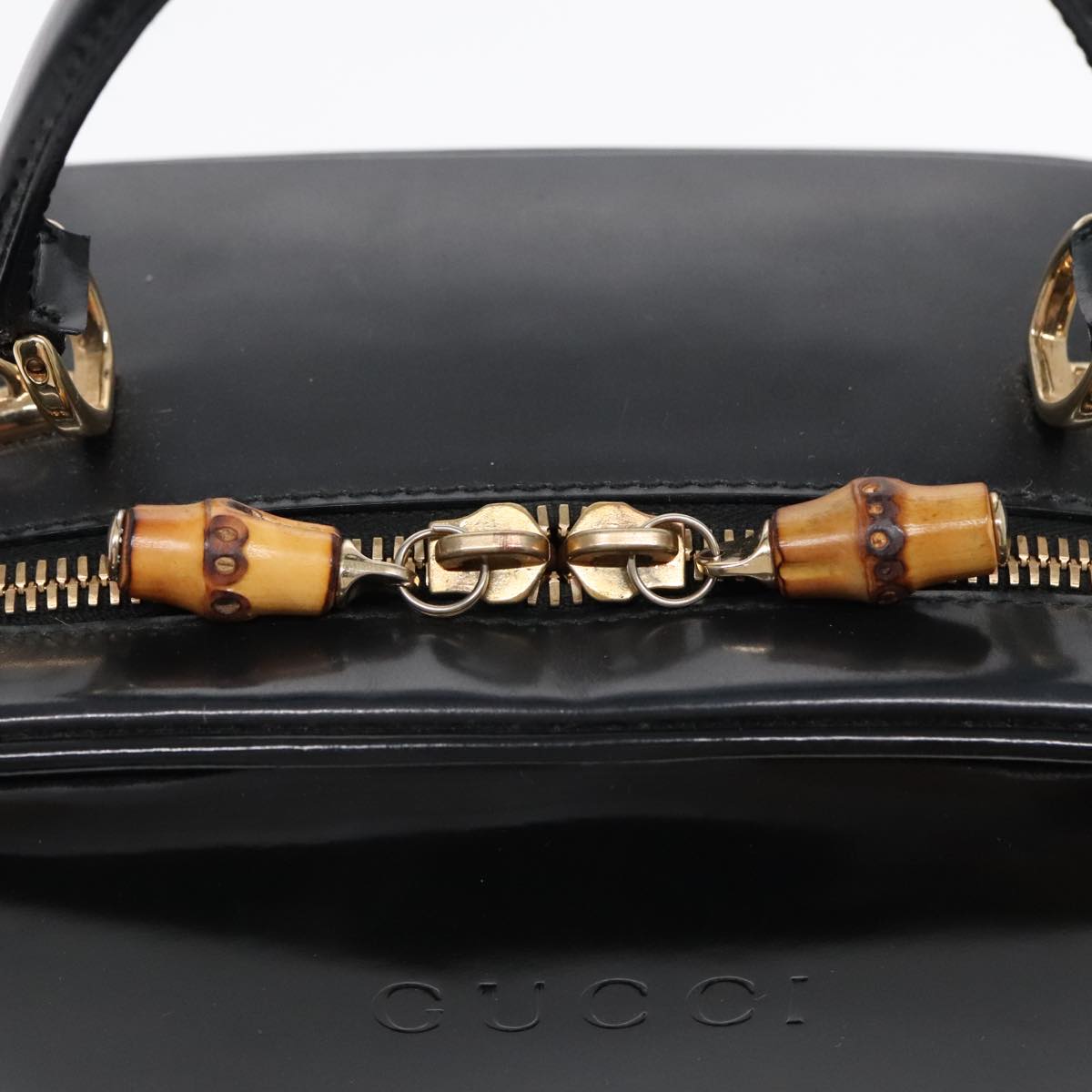 GUCCI Hand Bag Leather 2way Black Gold Auth 90184