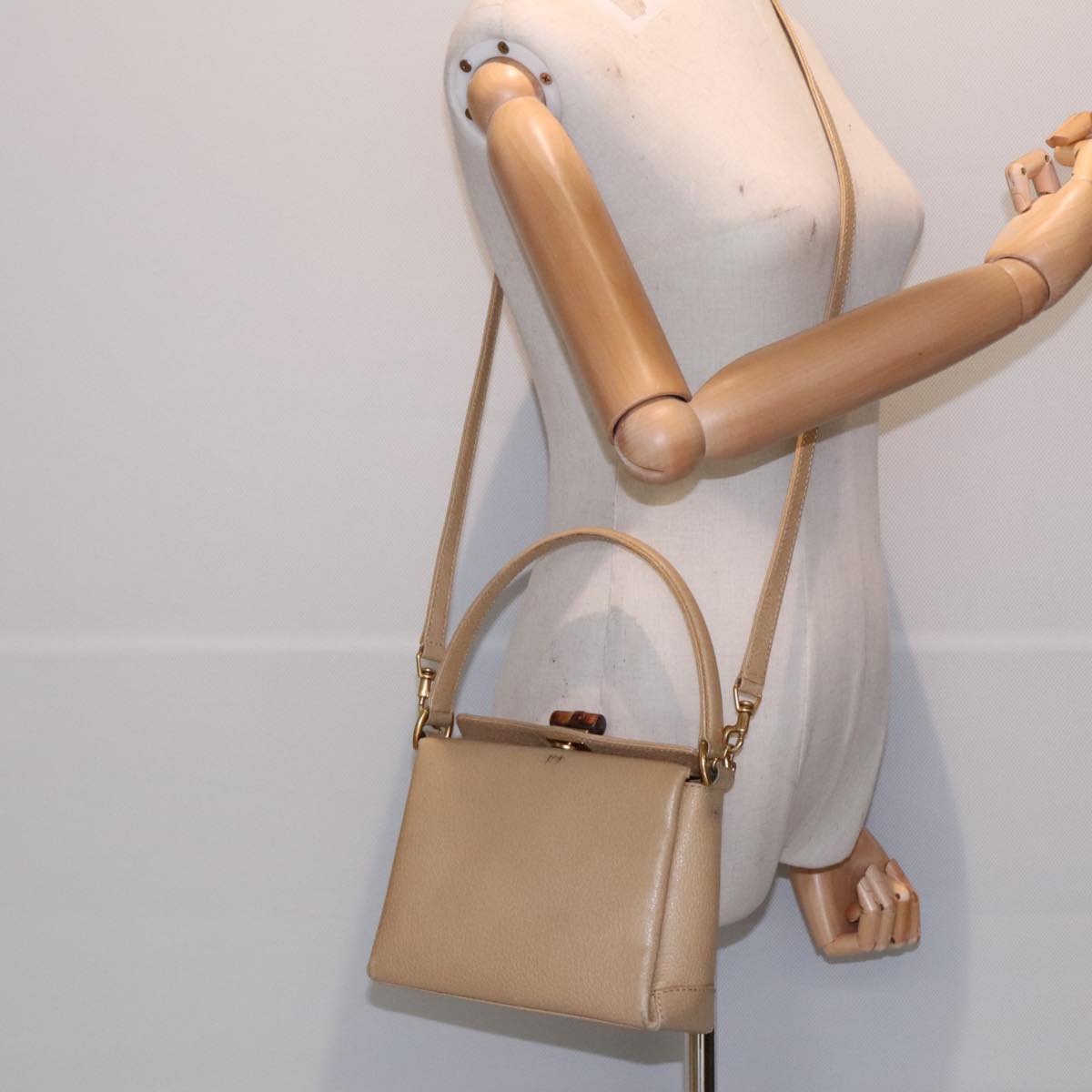 GUCCI Bamboo Hand Bag Leather 2way Beige Gold 000 33 0240 Auth 90195