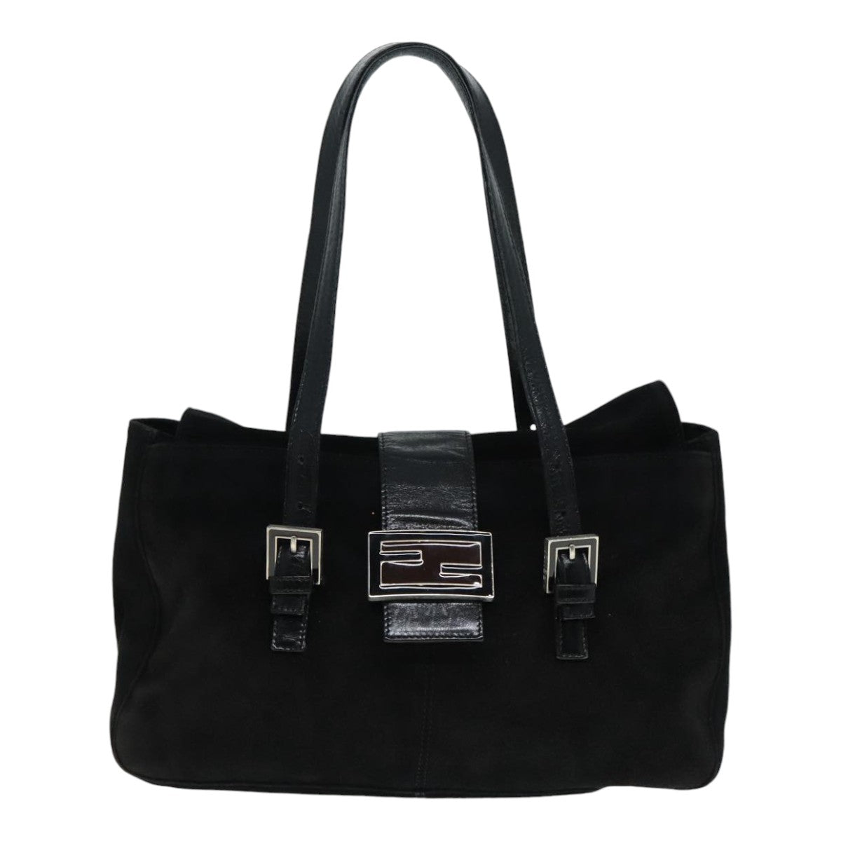 FENDI Hand Bag Suede Leather Black Silver Auth 90200