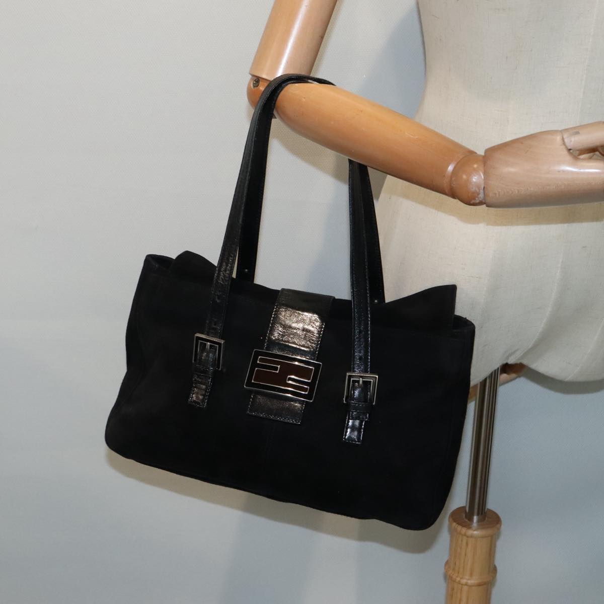 FENDI Hand Bag Suede Leather Black Silver Auth 90200