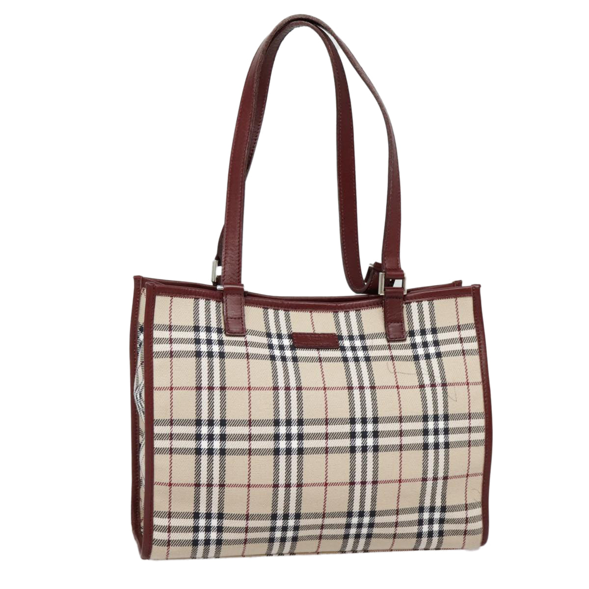 BURBERRY Nova Check Blue Label Tote Bag Canvas Beige Red brown Silver Auth 90206