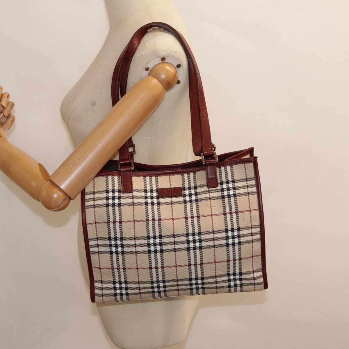 BURBERRY Nova Check Blue Label Tote Bag Canvas Beige Red brown Silver Auth 90206