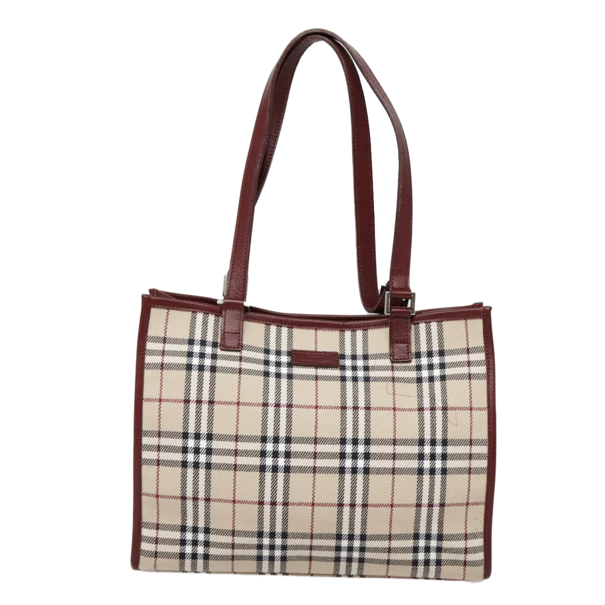 BURBERRY Nova Check Blue Label Tote Bag Canvas Beige Red brown Silver Auth 90206