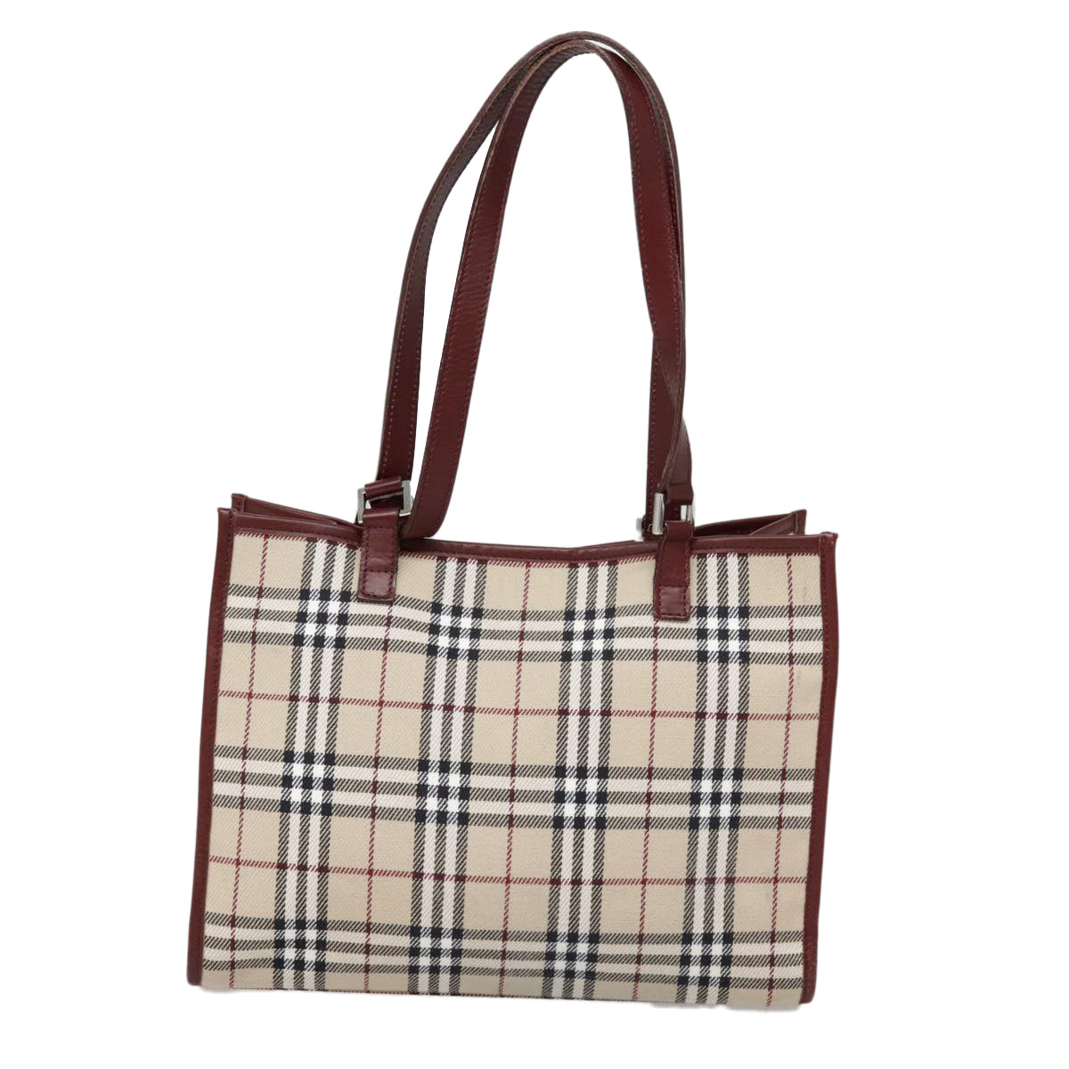 BURBERRY Nova Check Blue Label Tote Bag Canvas Beige Red brown Silver Auth 90206