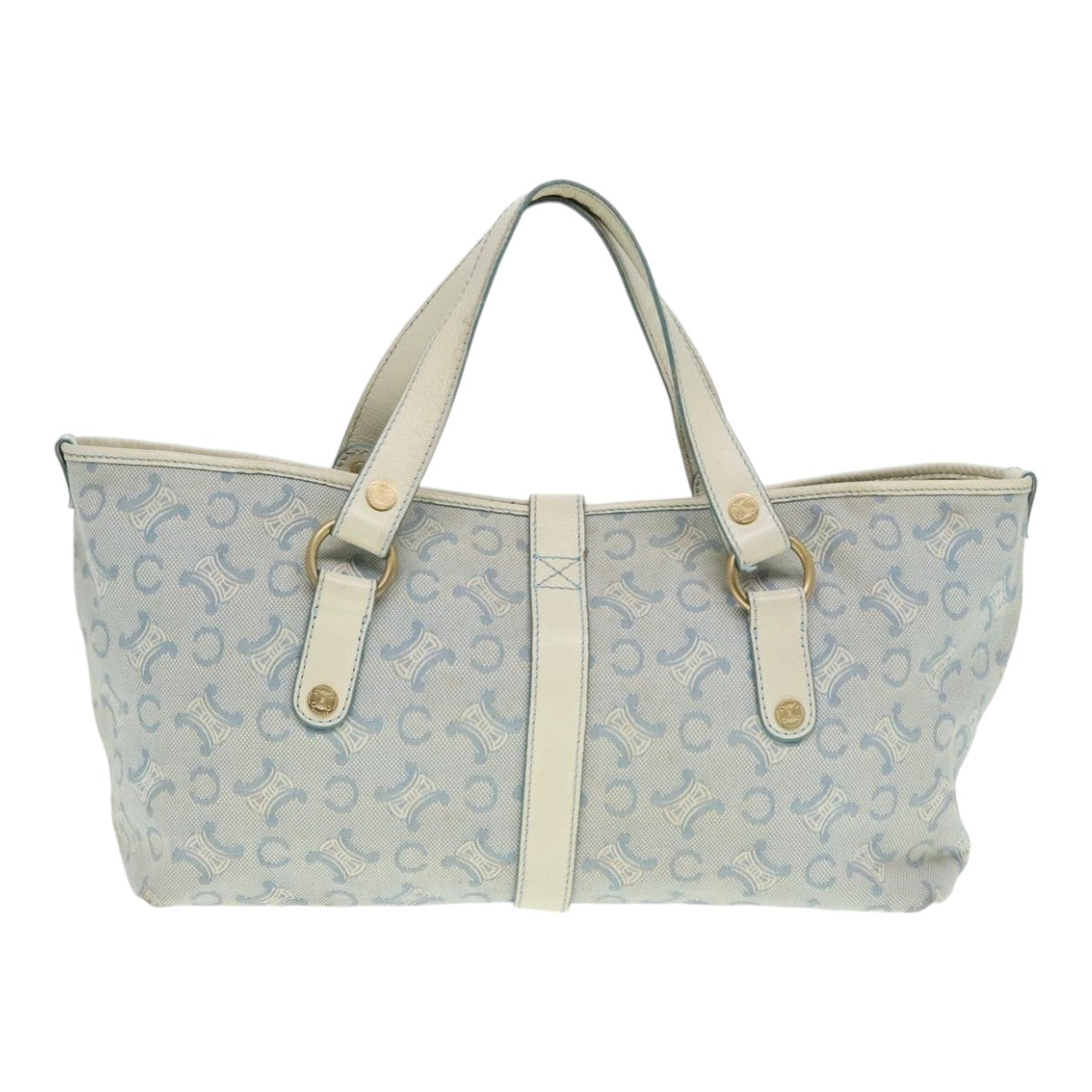 CELINE C Macadam Canvas Hand Bag Light Blue White gold Auth 90217