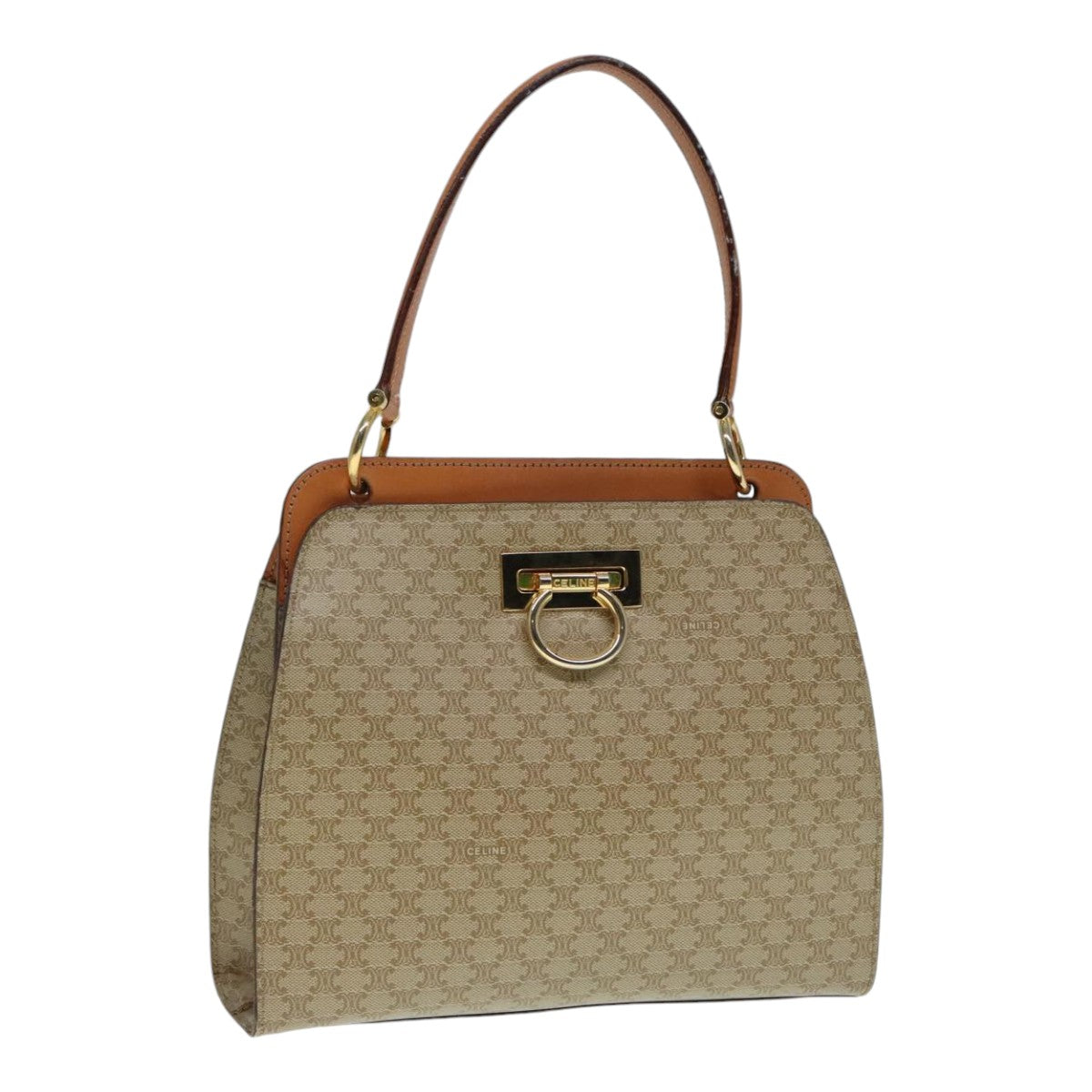 CELINE Macadam Canvas Hand Bag Beige Gold Auth 90219