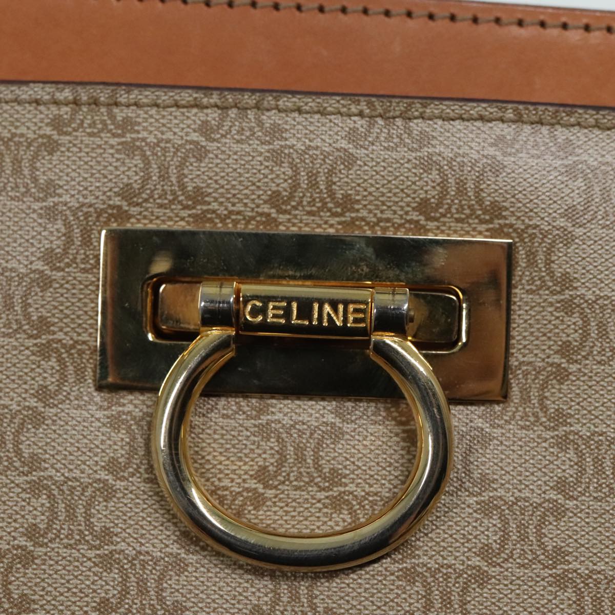 CELINE Macadam Canvas Hand Bag Beige Gold Auth 90219