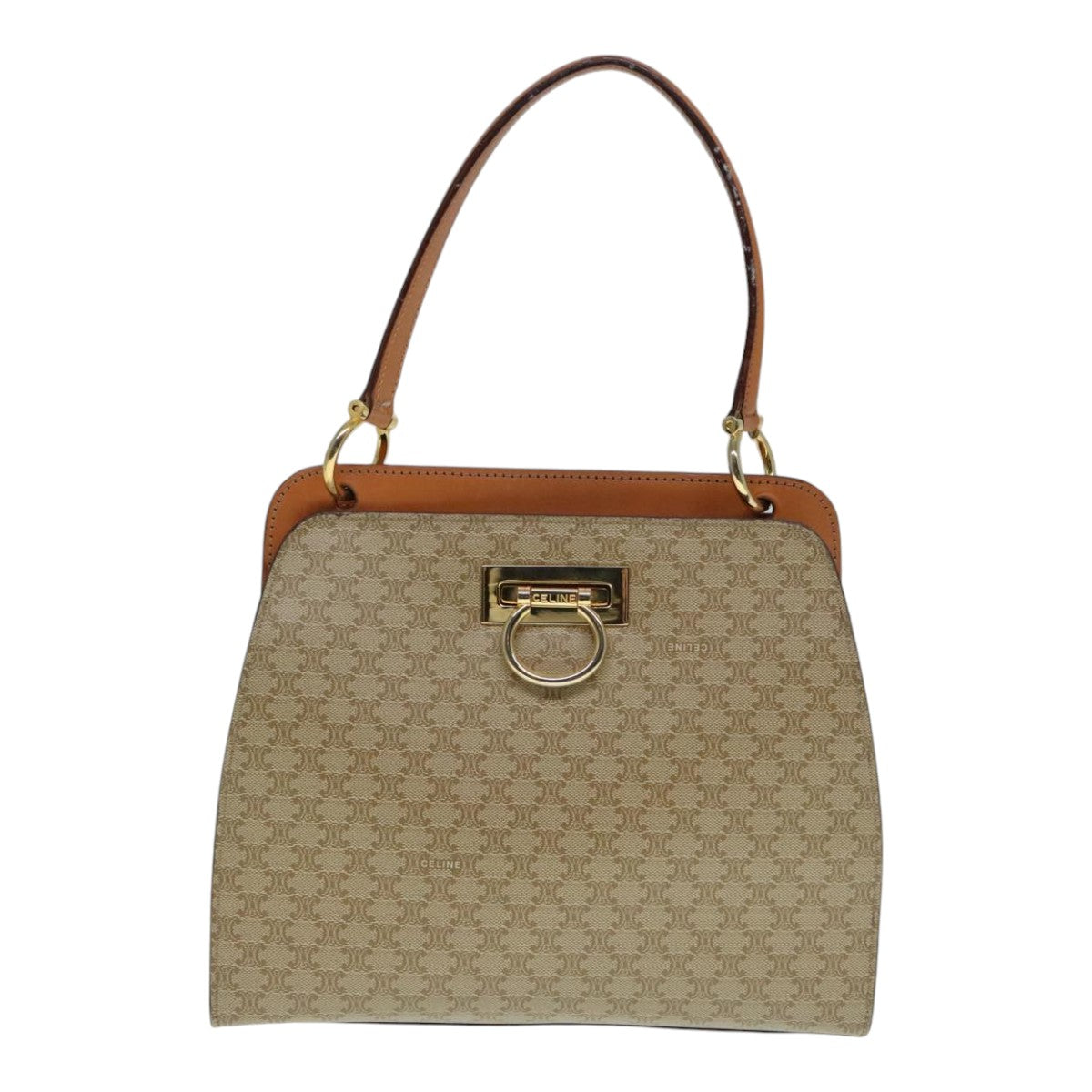 CELINE Macadam Canvas Hand Bag Beige Gold Auth 90219