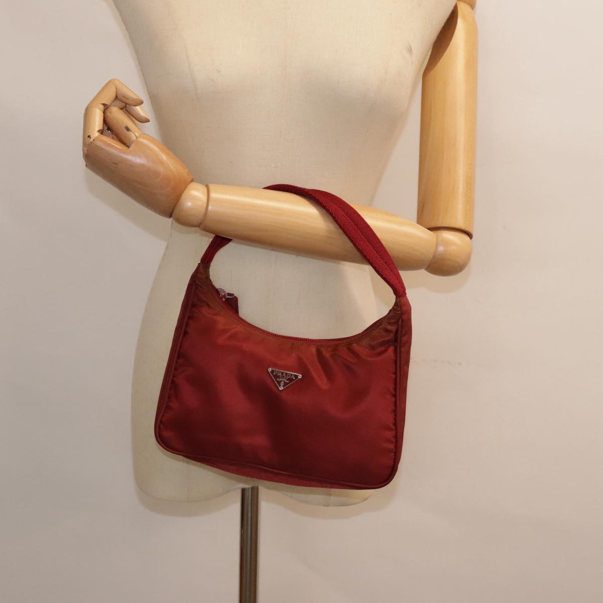 PRADA Hand Bag Nylon Red Silver Auth 90236