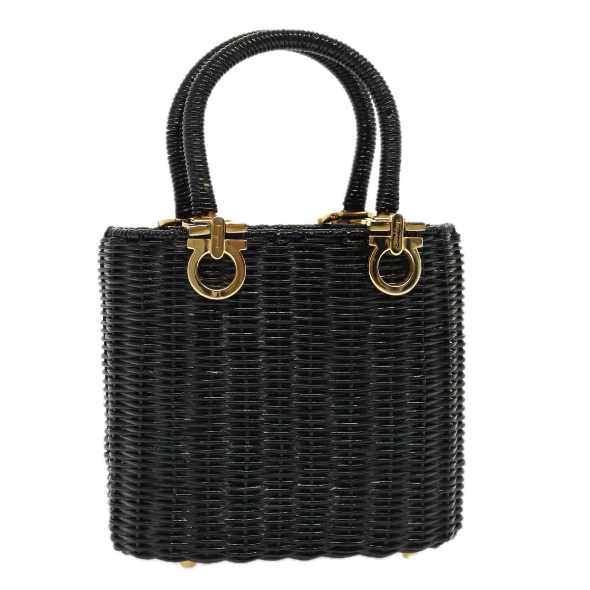 Salvatore Ferragamo Gancini Hand Bag Wicker Black Gold Auth 90245A