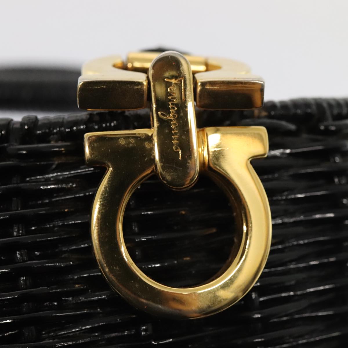 Salvatore Ferragamo Gancini Hand Bag Wicker Black Gold Auth 90245AM