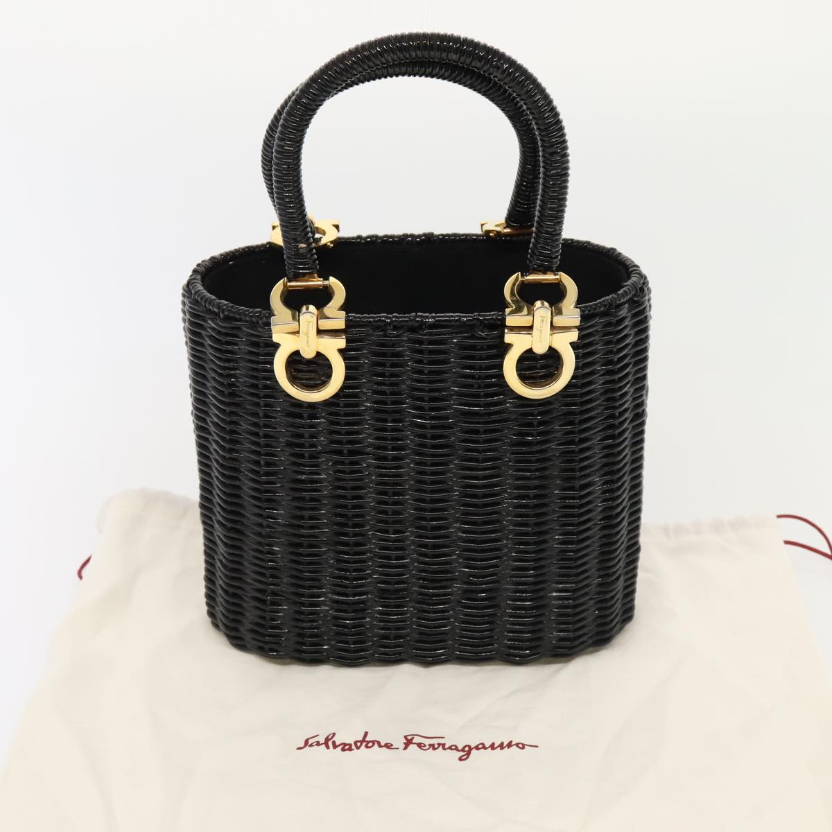 Salvatore Ferragamo Gancini Hand Bag Wicker Black Gold Auth 90245A