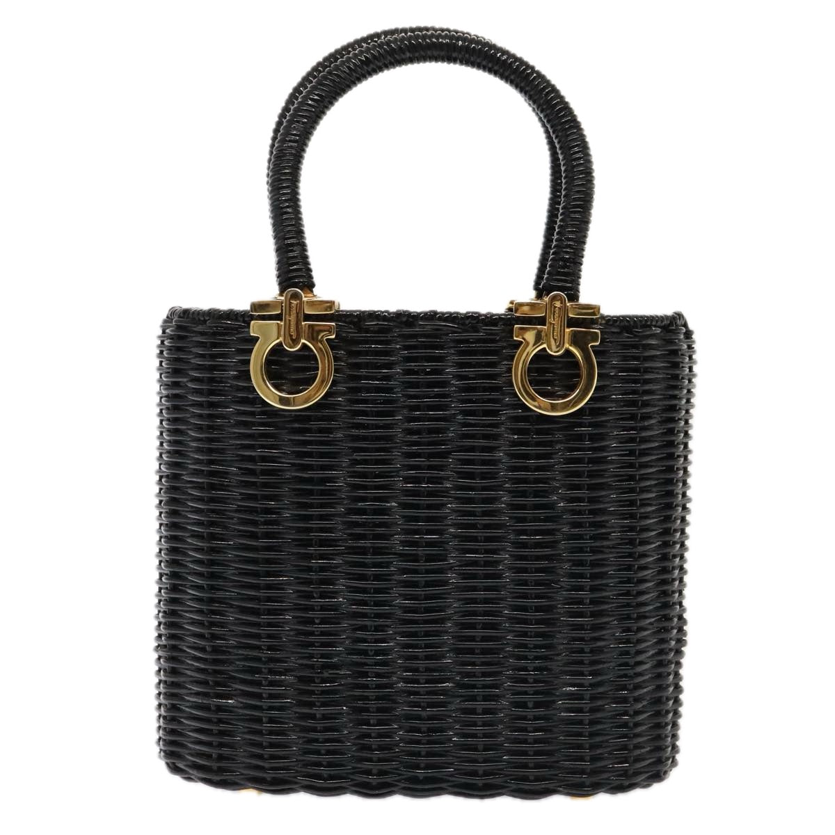 Salvatore Ferragamo Gancini Hand Bag Wicker Black Gold Auth 90245A