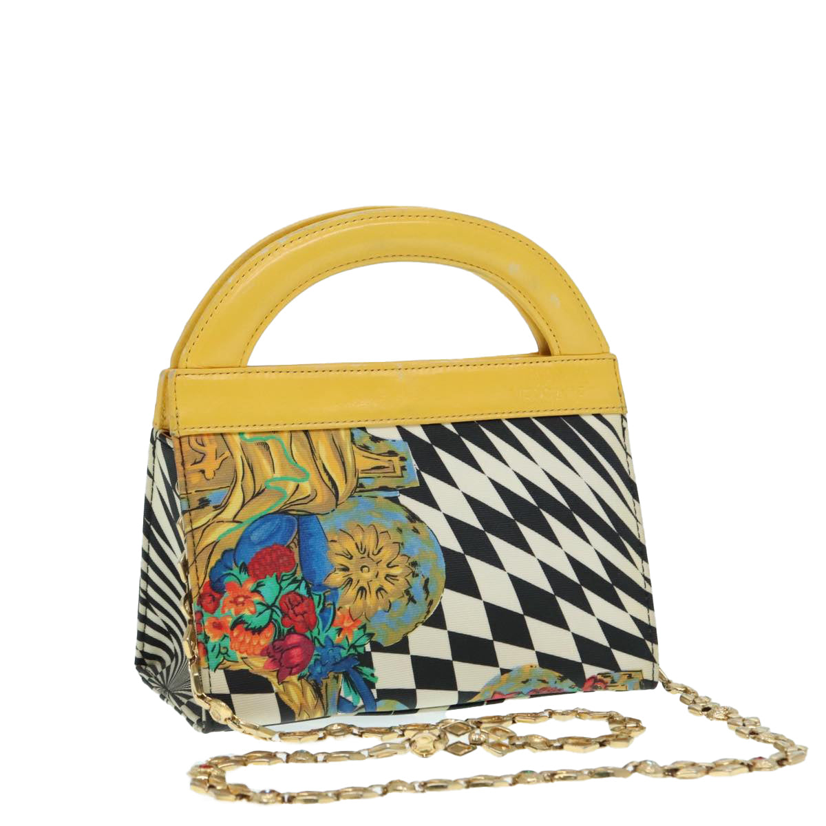 Gianni Versace Chain Hand Bag Canvas 2way Yellow Gold Auth 90247