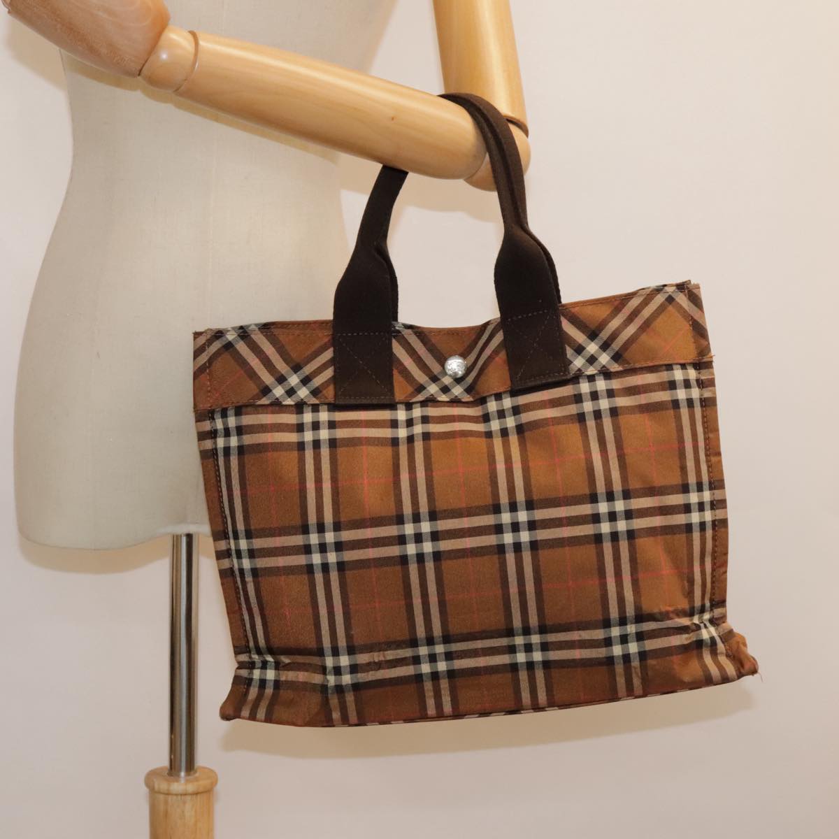 BURBERRY Nova Check Blue Label Tote Bag Nylon Brown Auth 90264