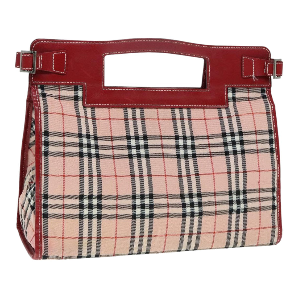 BURBERRY Nova Check Blue Label Hand Bag Nylon Leather Red Pink Silver Auth 90265