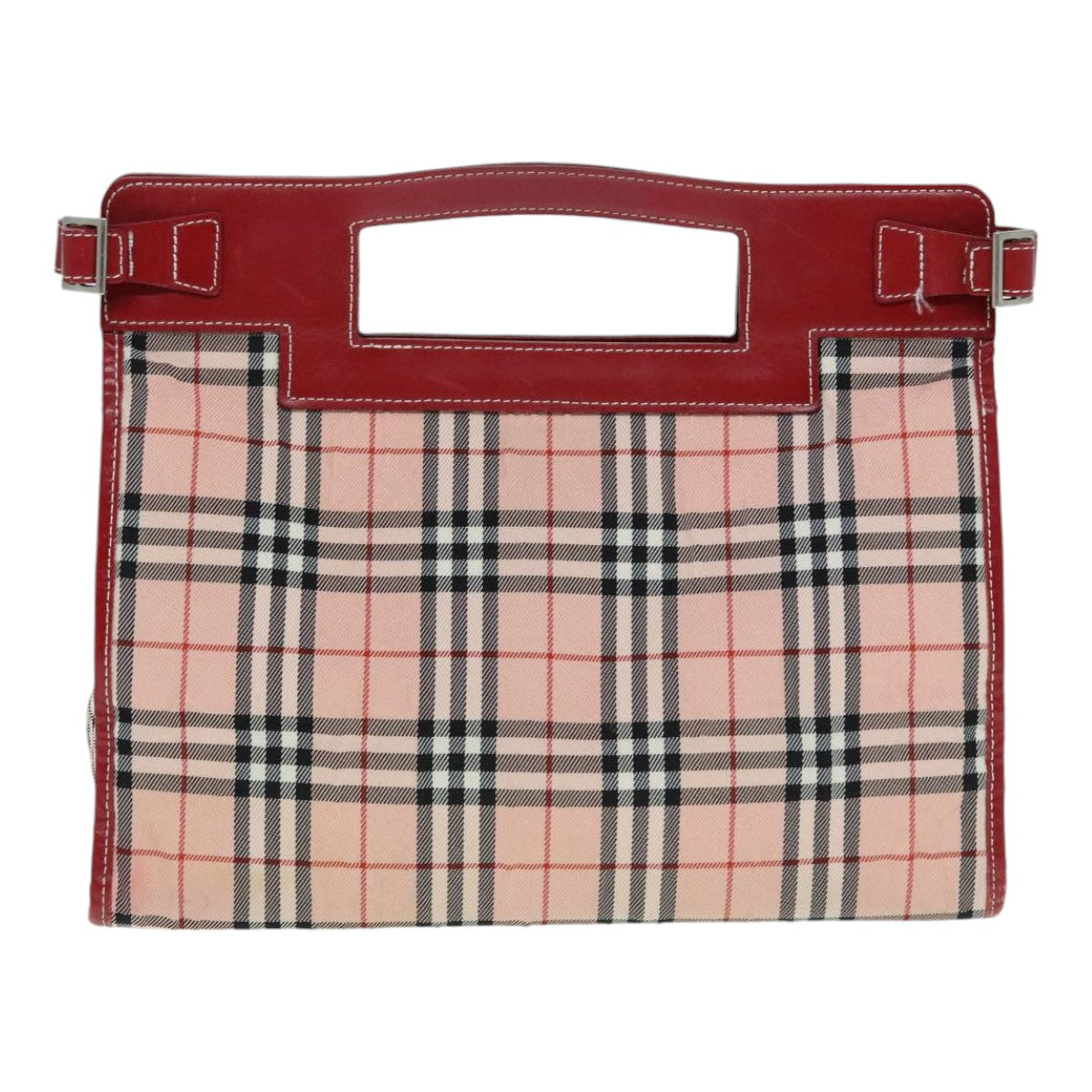 BURBERRY Nova Check Blue Label Hand Bag Nylon Leather Red Pink Silver Auth 90265