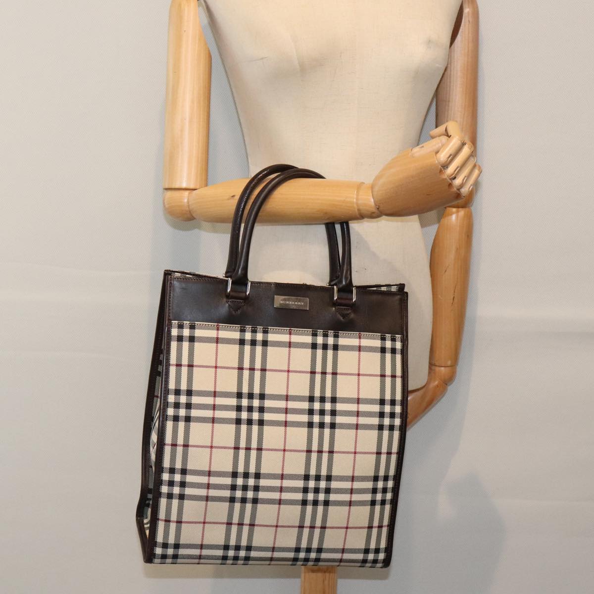 BURBERRY Nova Check Hand Bag Nylon Beige Silver Auth 90270