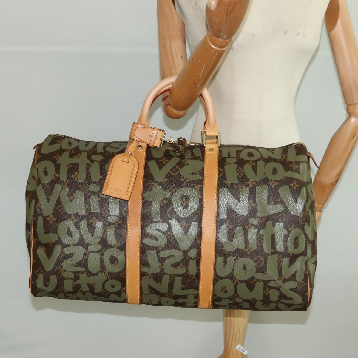 LOUIS VUITTON Monogram Graffiti Keepall 50 Boston Bag Khaki M92196 Auth 90286AV