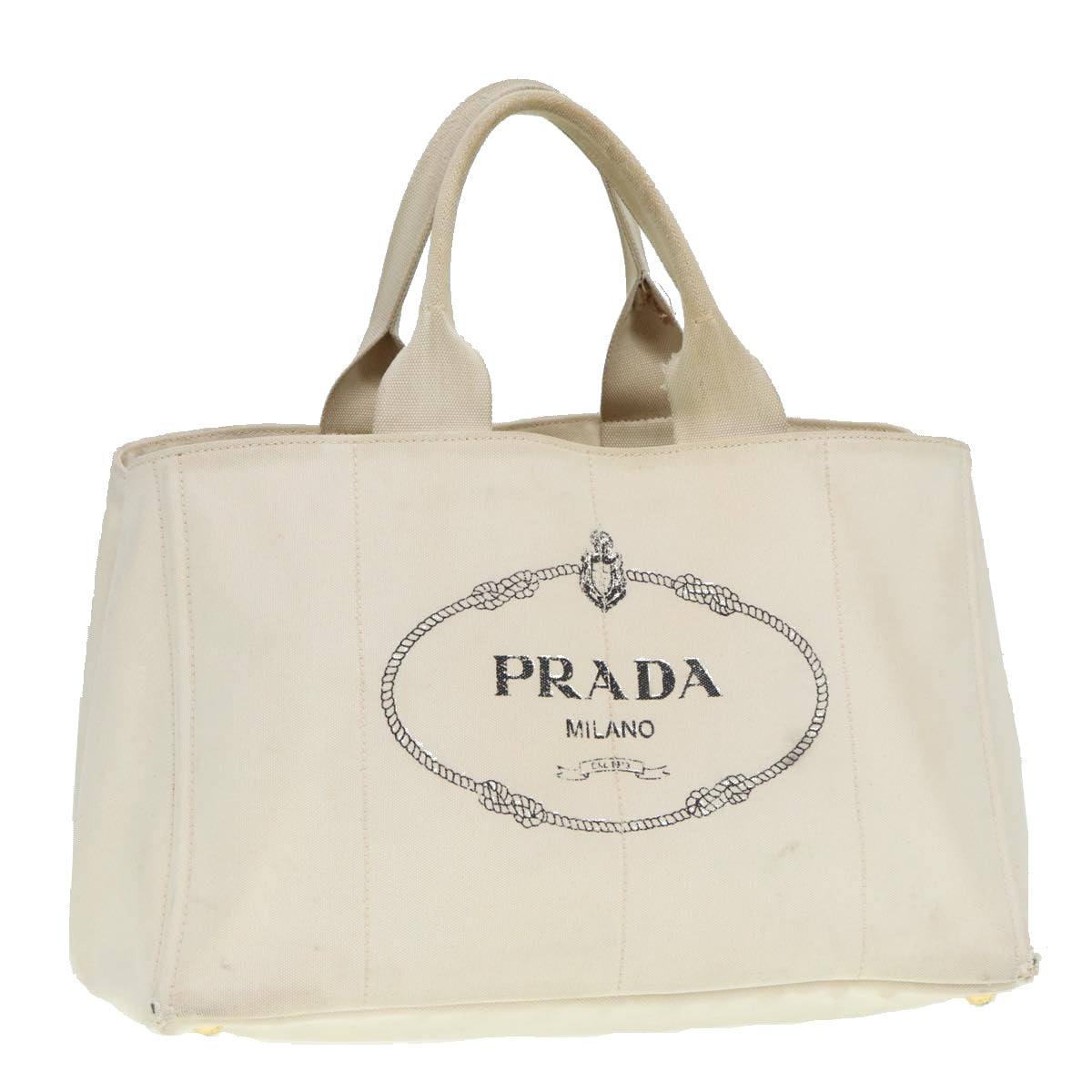 PRADA Canapa GM Hand Bag Canvas Gold White Auth 90320