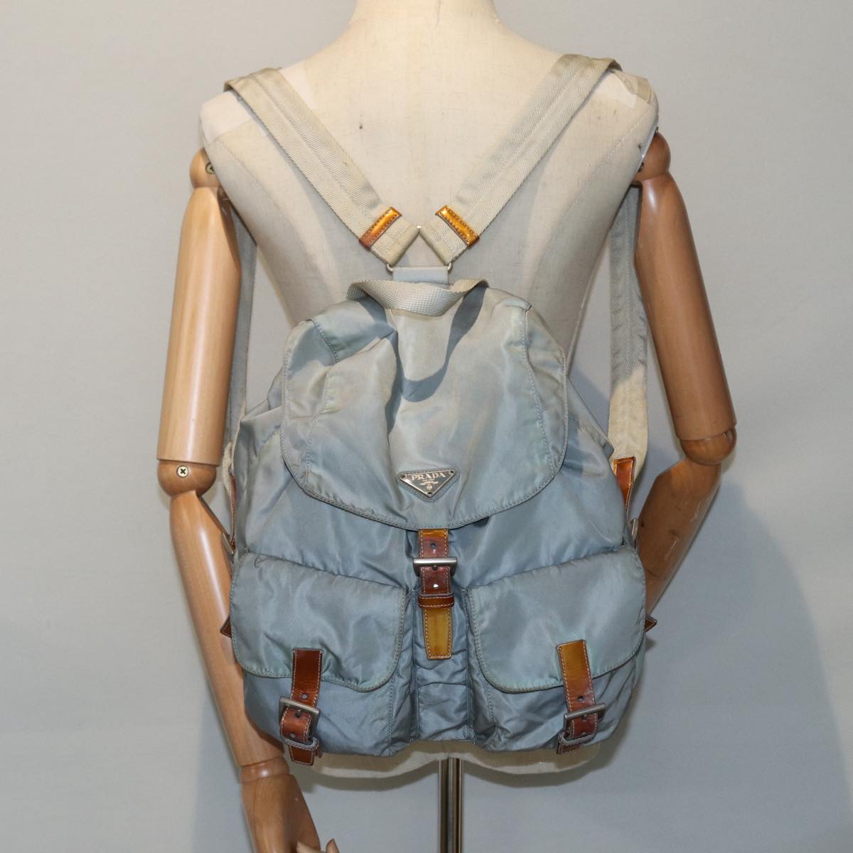 PRADA Backpack Nylon Light Blue Silver Auth 90336