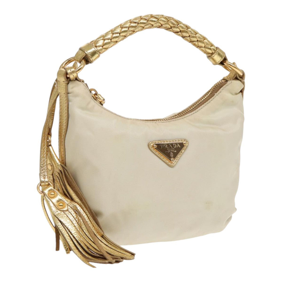 PRADA Hand Bag Nylon Cream Gold Auth 90344