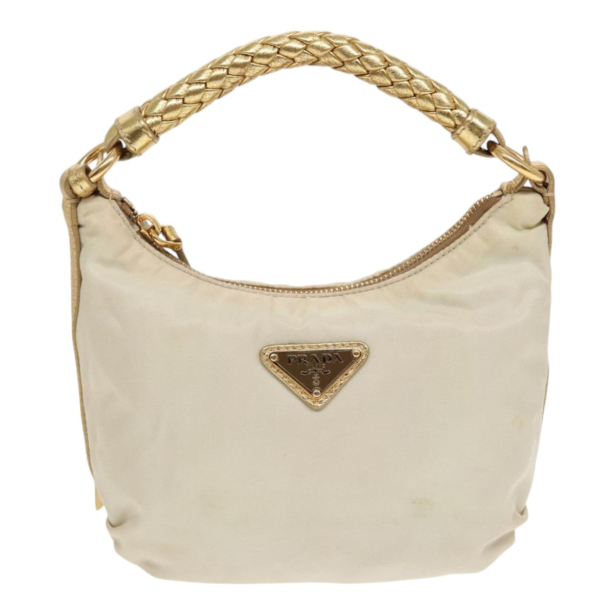 PRADA Hand Bag Nylon Cream Gold Auth 90344