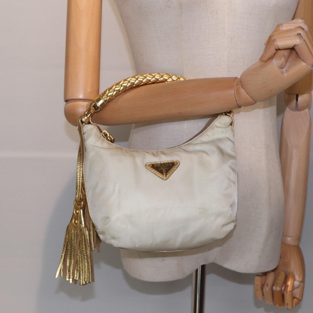 PRADA Hand Bag Nylon Cream Gold Auth 90344