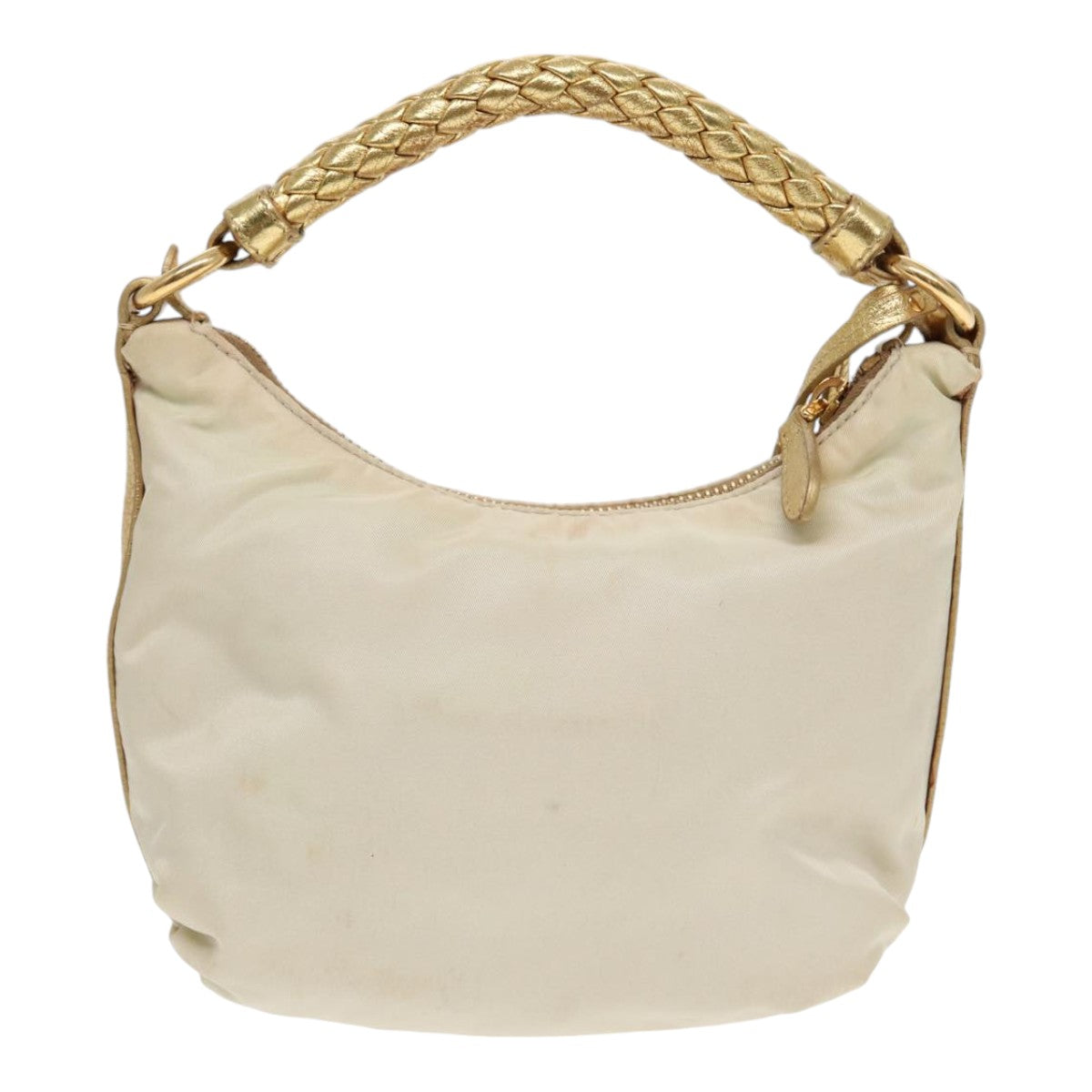 PRADA Hand Bag Nylon Cream Gold Auth 90344