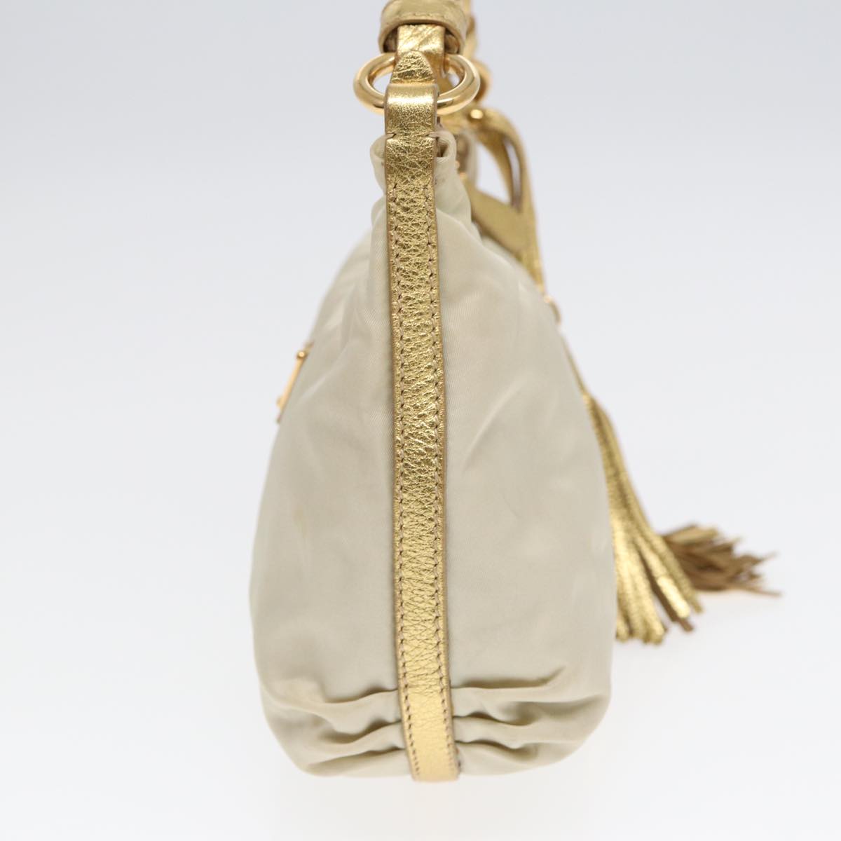 PRADA Hand Bag Nylon Cream Gold Auth 90344