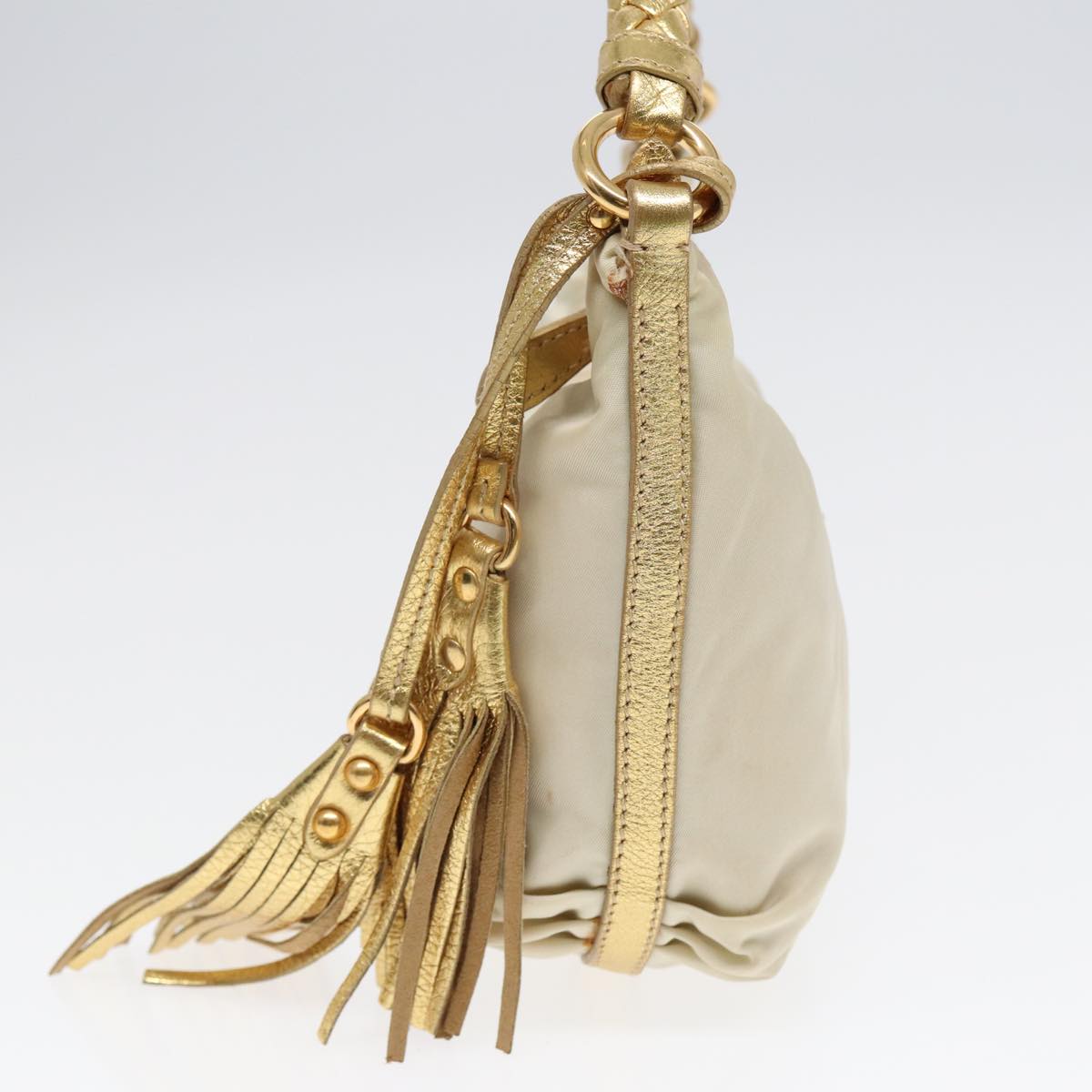 PRADA Hand Bag Nylon Cream Gold Auth 90344