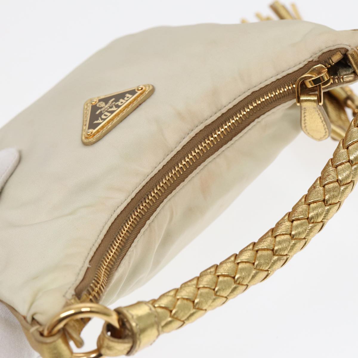 PRADA Hand Bag Nylon Cream Gold Auth 90344