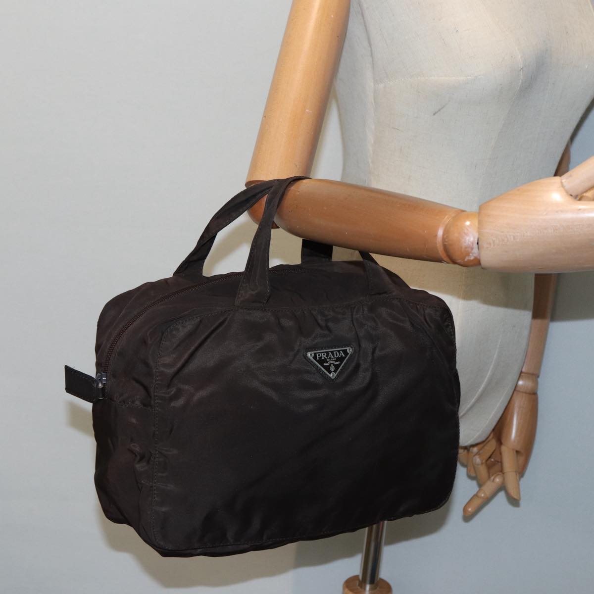 PRADA Hand Bag Nylon Brown Silver Auth 90376