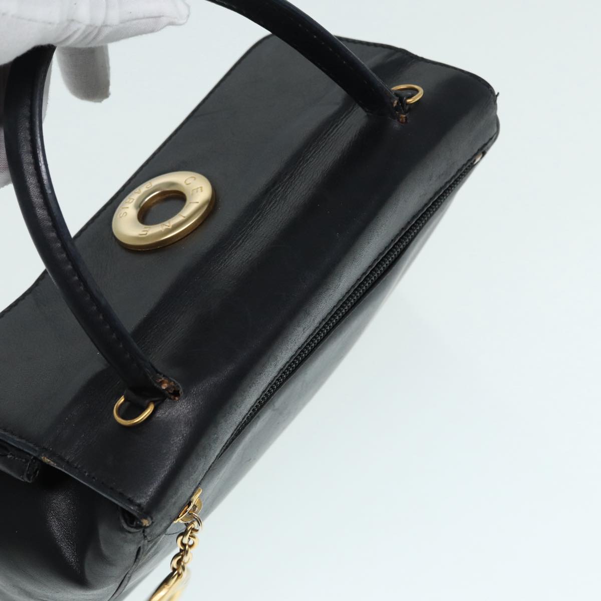 CELINE Hand Bag Leather Black Gold Auth 90389