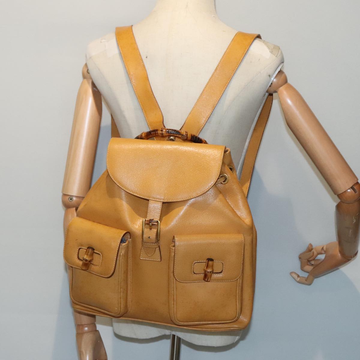 GUCCI Bamboo Backpack Leather Beige Gold 003 2058 0016 Auth 90402