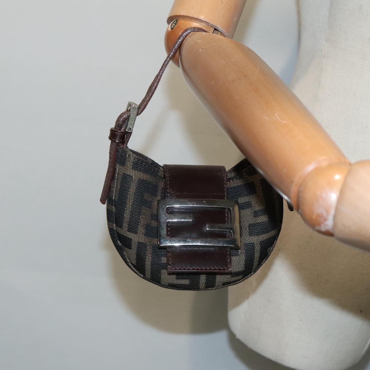 FENDI Zucca Canvas Mini Croissant Hand Bag Brown Black Silver Auth 90427