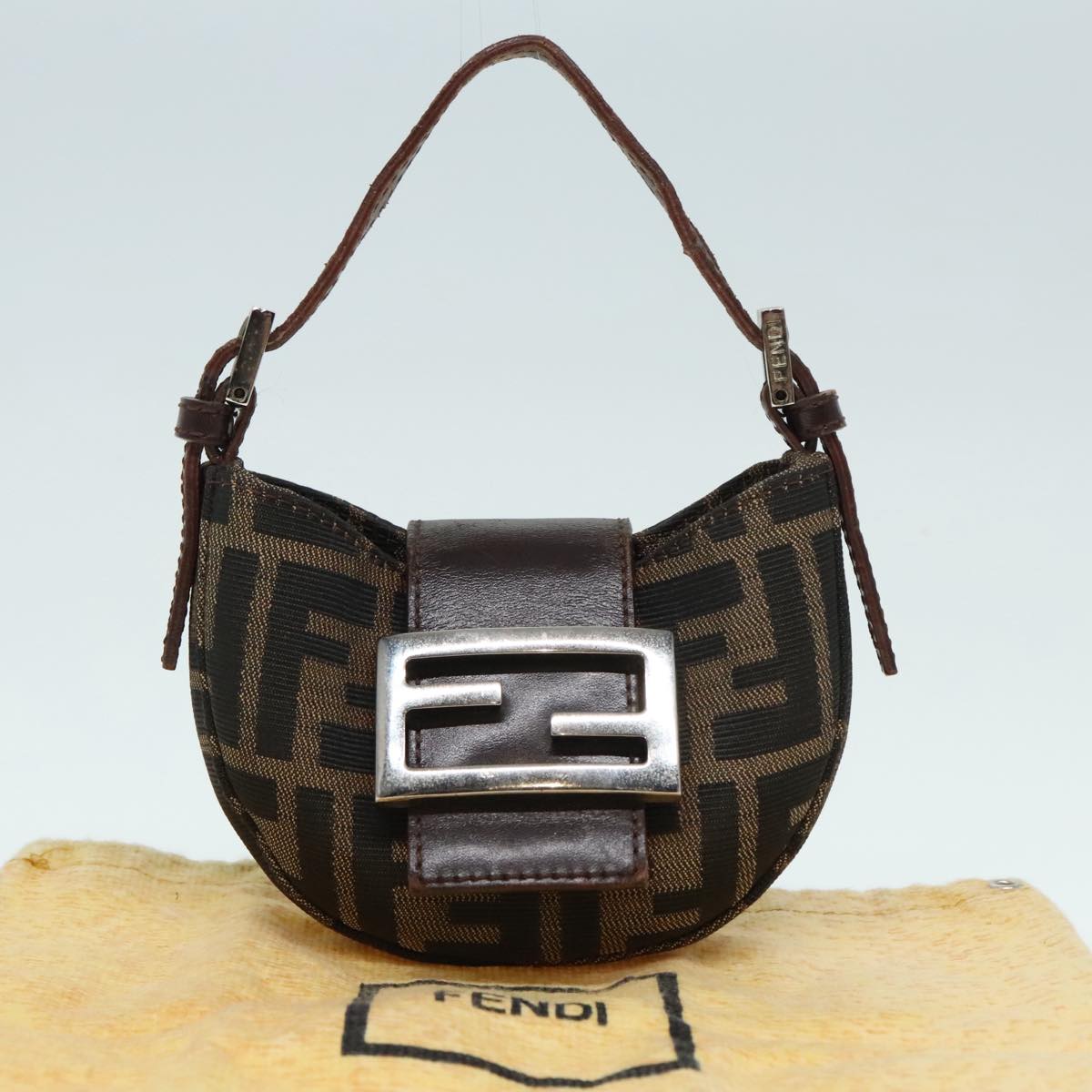 FENDI Zucca Canvas Mini Croissant Hand Bag Brown Black Silver Auth 90427